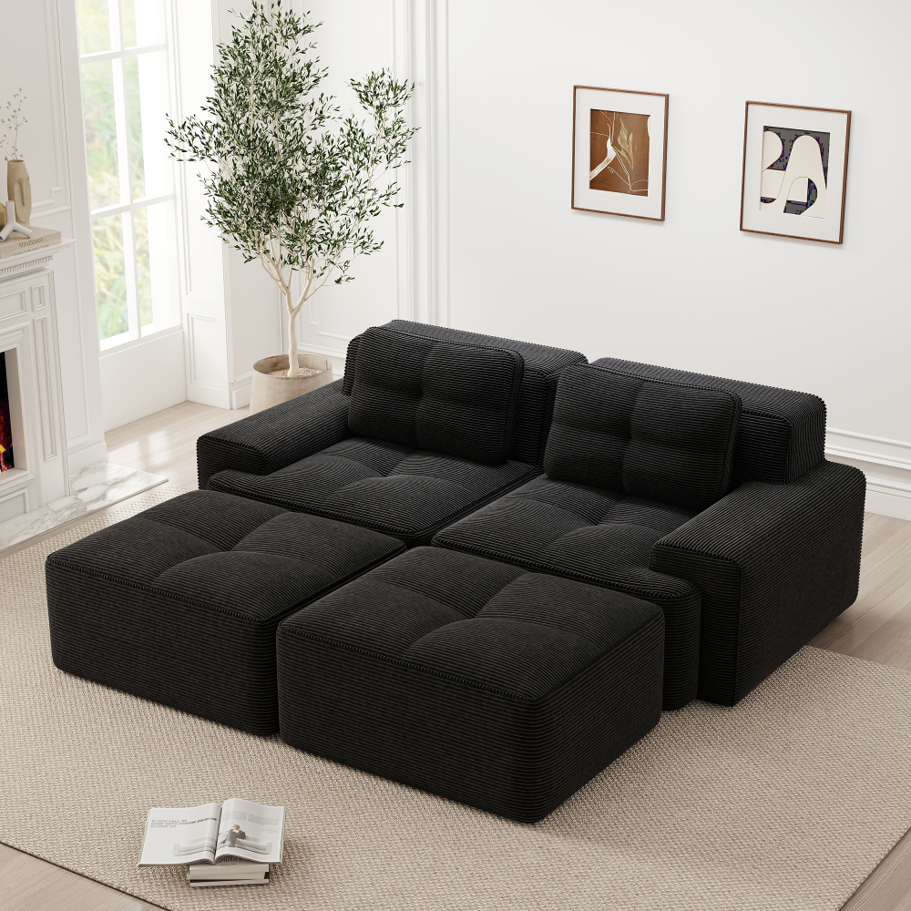Sofá modular en u de pana negro con asiento profundo sin montaje