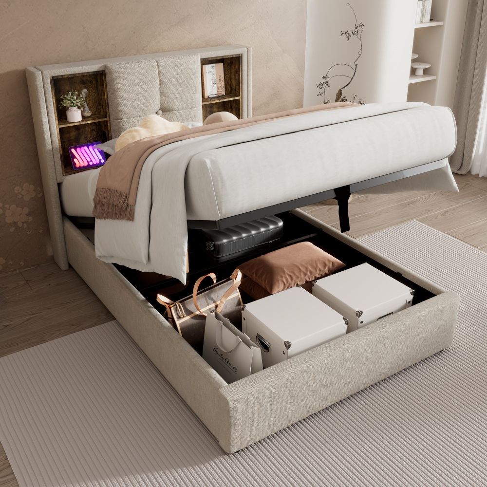Cama tapizada 90x200cm almacenaje carga inalámbrica lino natural colchón