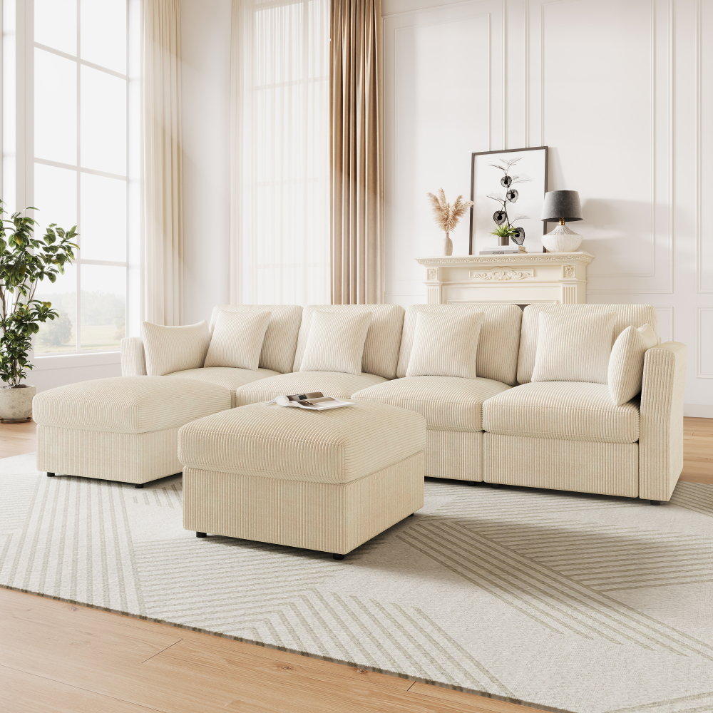 Sofá en u modular pana beige 4-6 plazas con 2 otomanas