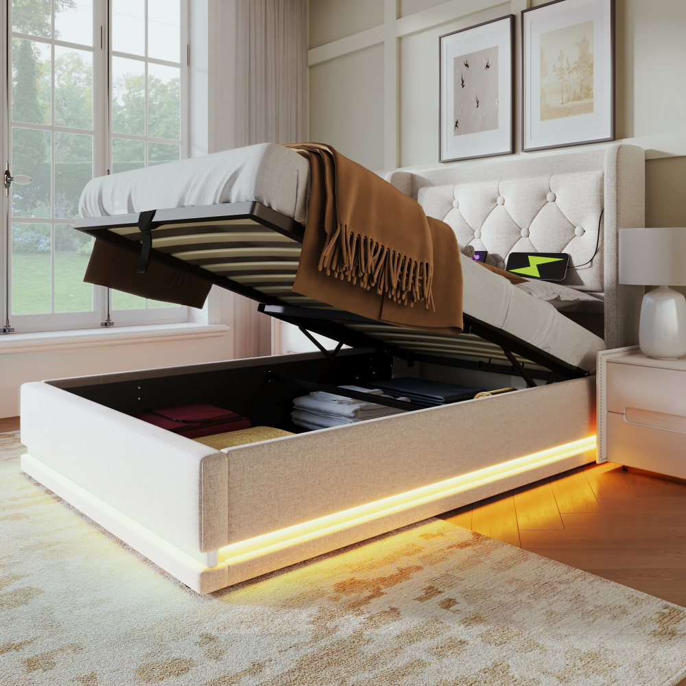 Cama tapizada 90x200cm canapé LED usb algodón beige con colchón