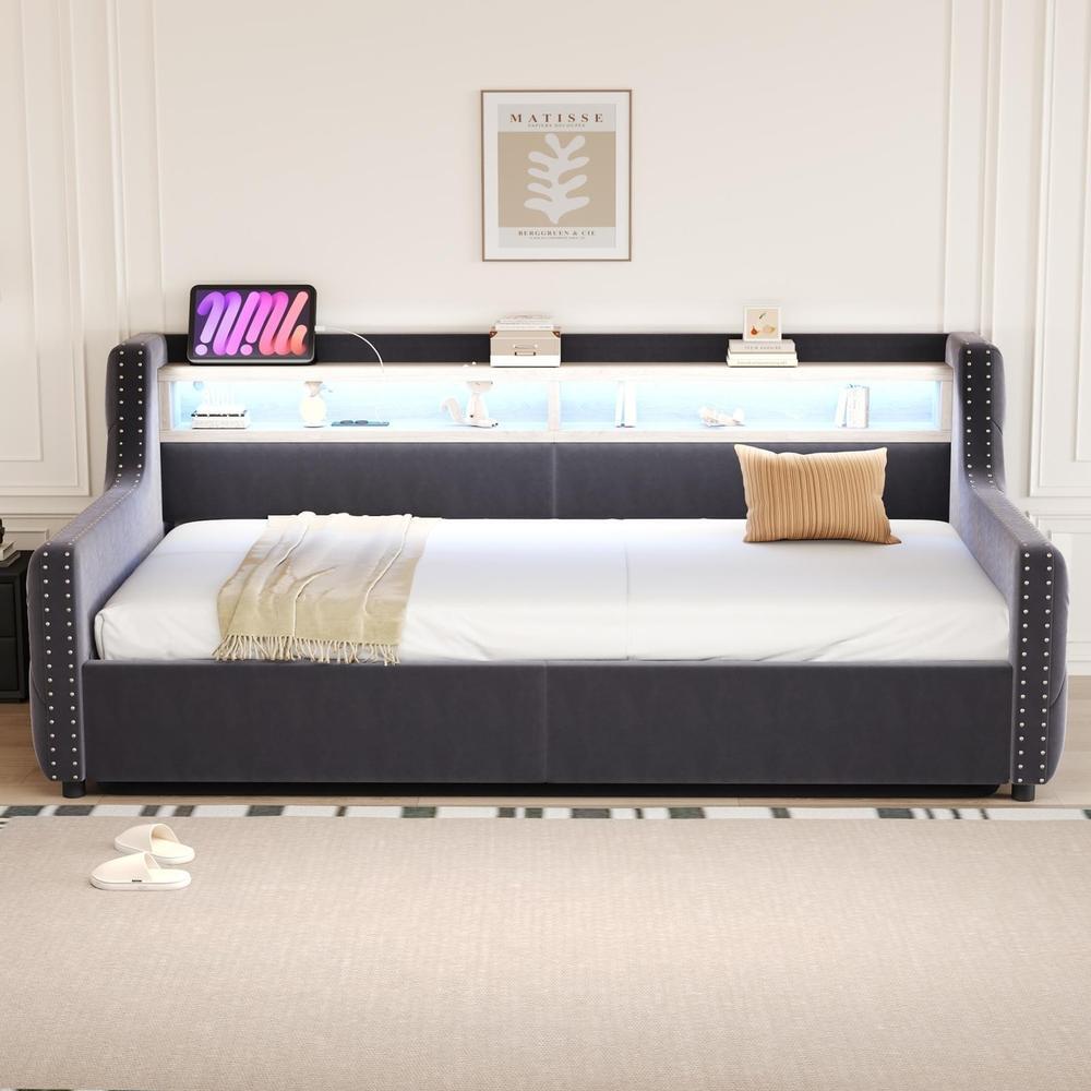 Cama individual 90x200cm con almacenaje, LED, usb-c, gris oscuro