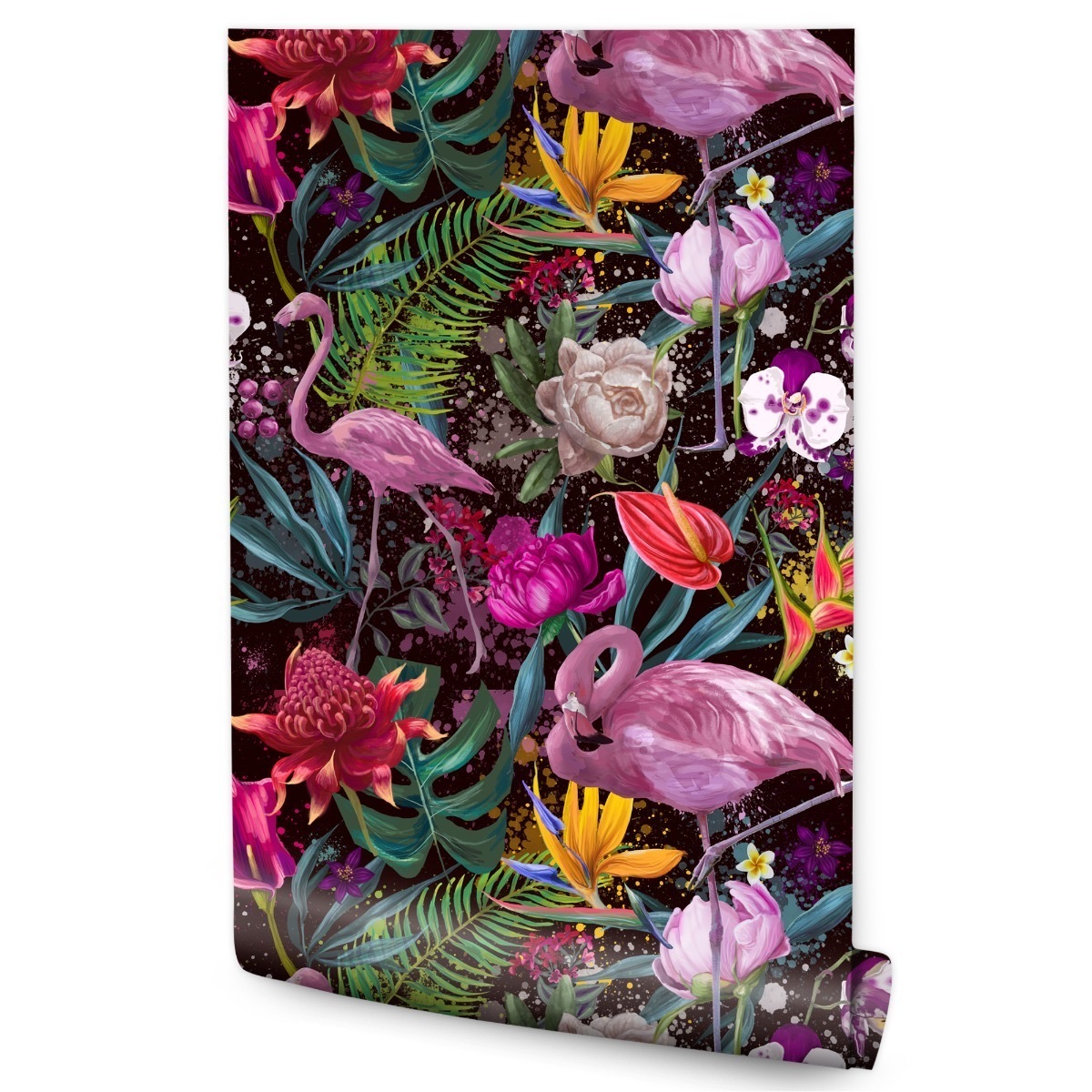 Papel Pintado Flores Flamencos Hojas Para Salón No Tejido 53cm x 10m