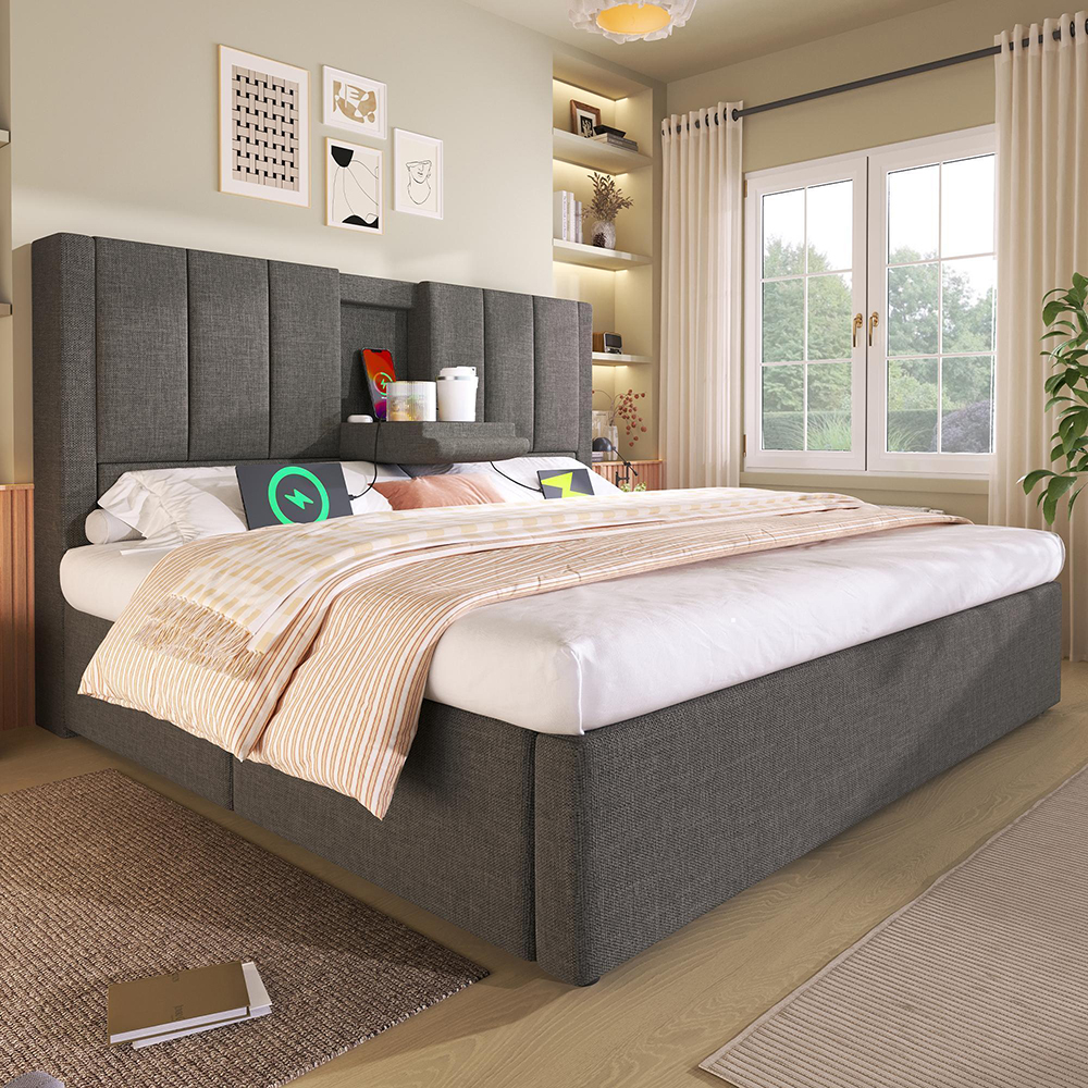 Cama tapizada,180x200,portavasos ocultos,gris