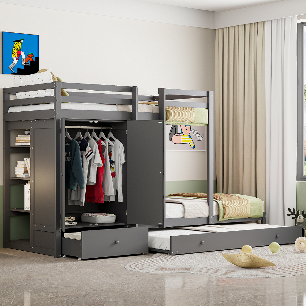 Litera 90x200 cm con cama nido, armario y cajones madera – color gris