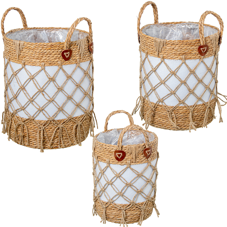 Set 3 cestos mimbre natural tela blanca con flecos
