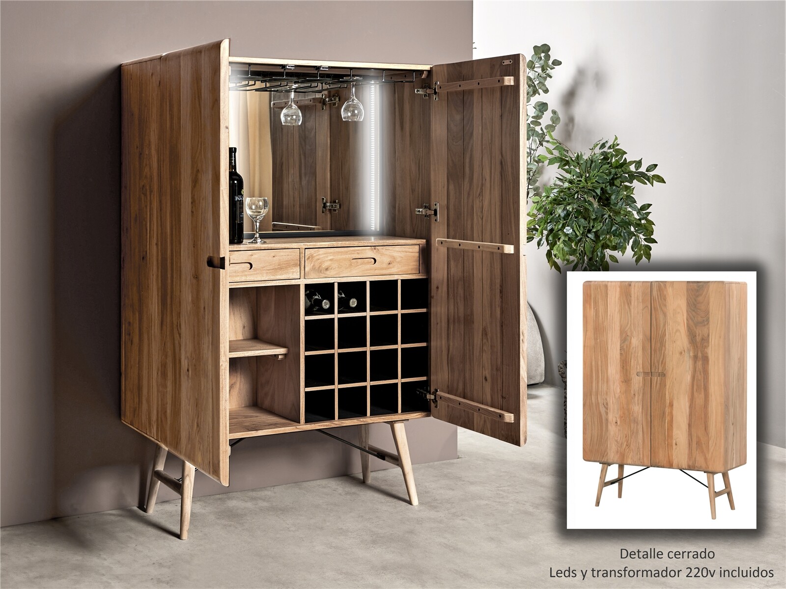 Mueble bar madera acacia 100x40x150 cms. 100x40x150 cms