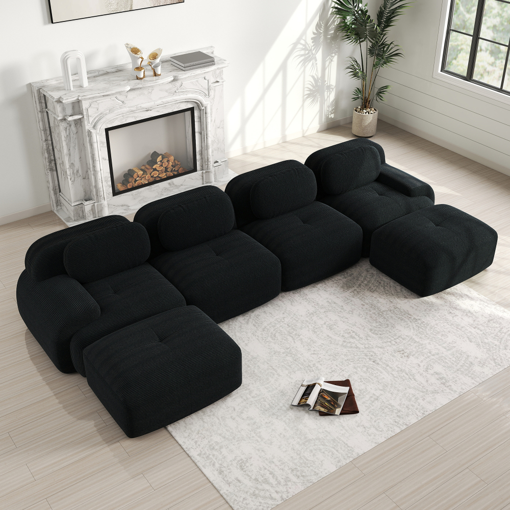 Sofá modular en u de pana negro sin montaje con diseño ergonómico