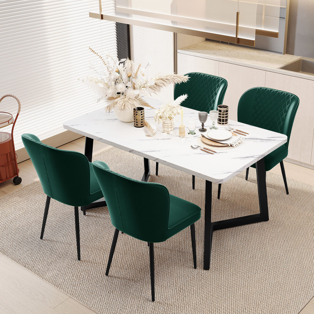 Silla de comedor de terciopelo verde con respaldo y patas de metal