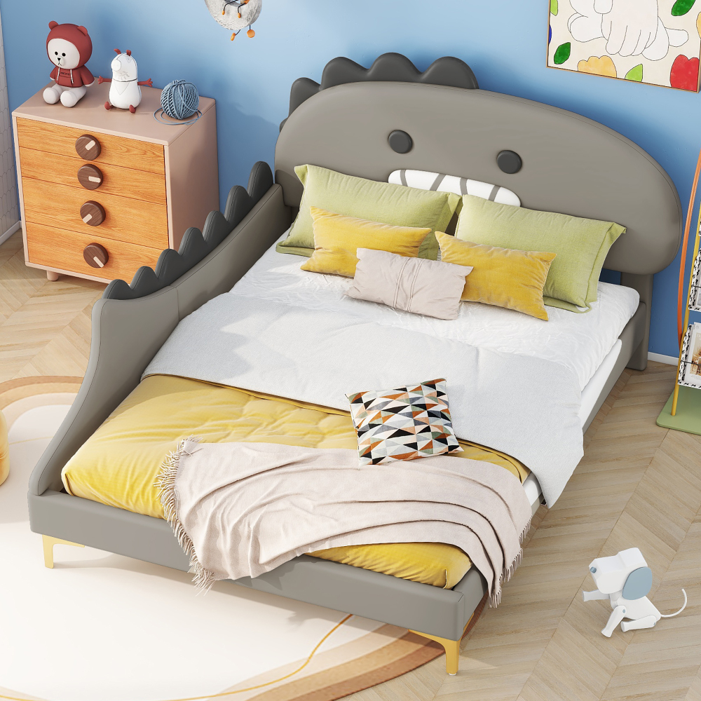 Cama doble 140x200cm con cabecero de dinosaurio en pu – color gris