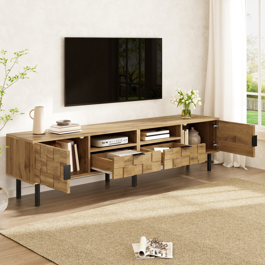 Mueble de tv con 2 puertas 2 cajones natural y negro 42,5x160x35cm