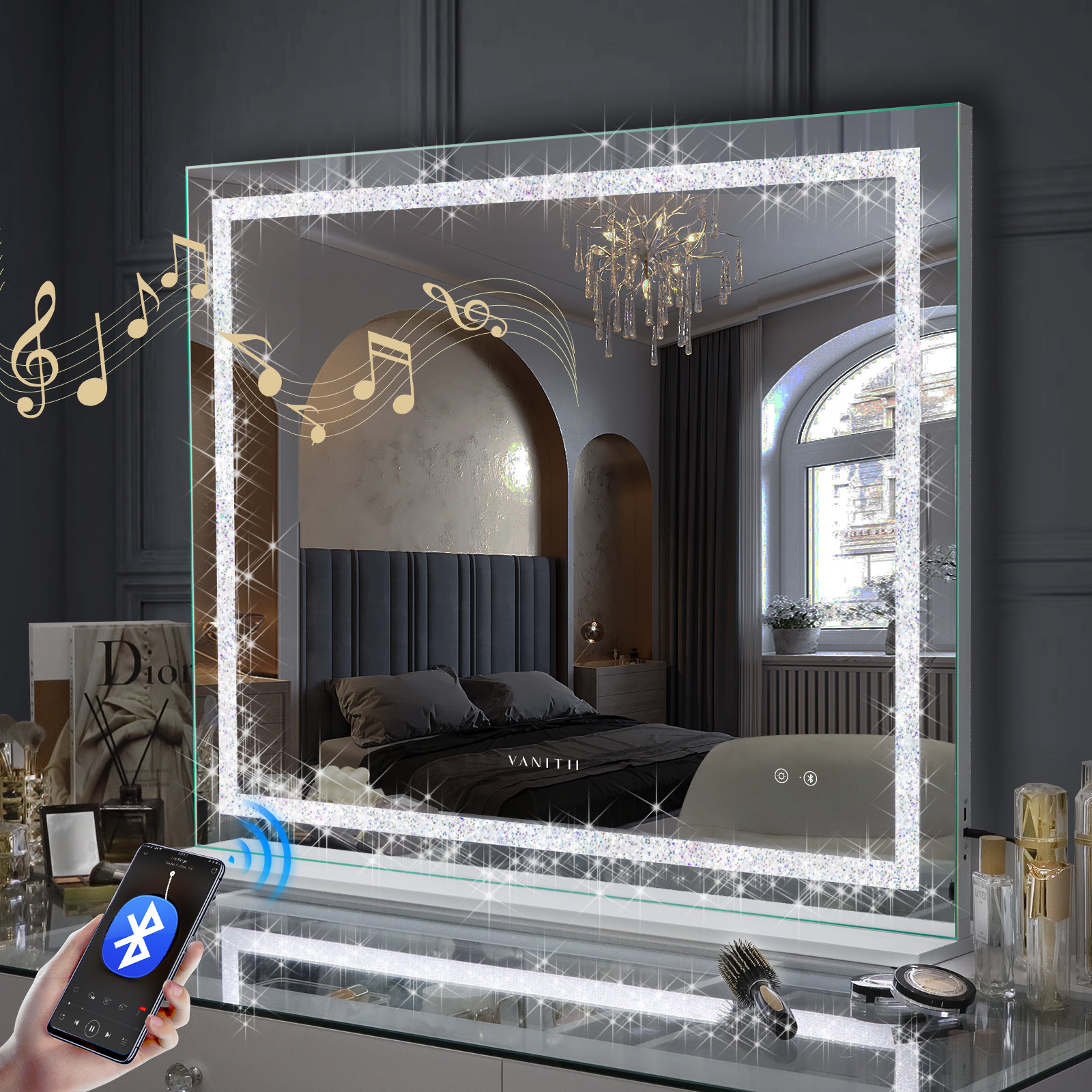 Vanitii espejo maquillaje con luz bluetooth tocador pared blanco 100x80 cm