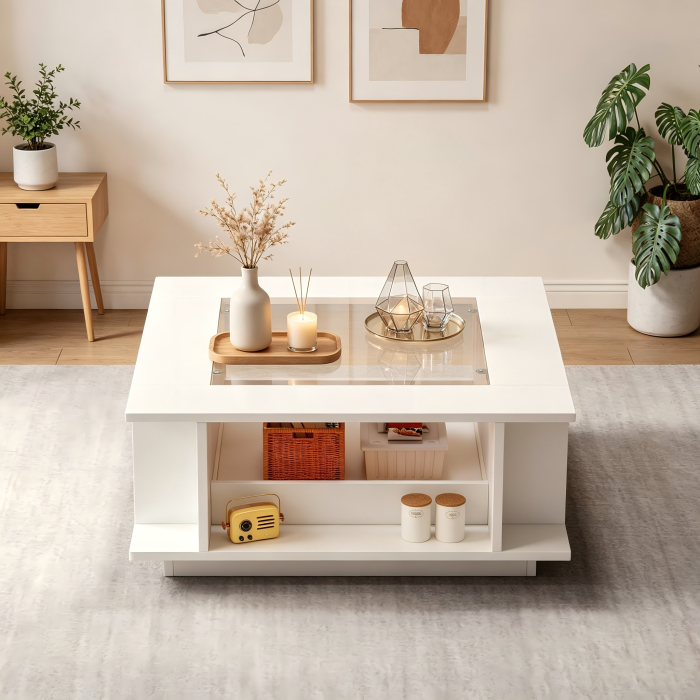 Mesa de centro cuadrada blanca con LED y cristal 30x70x70cm