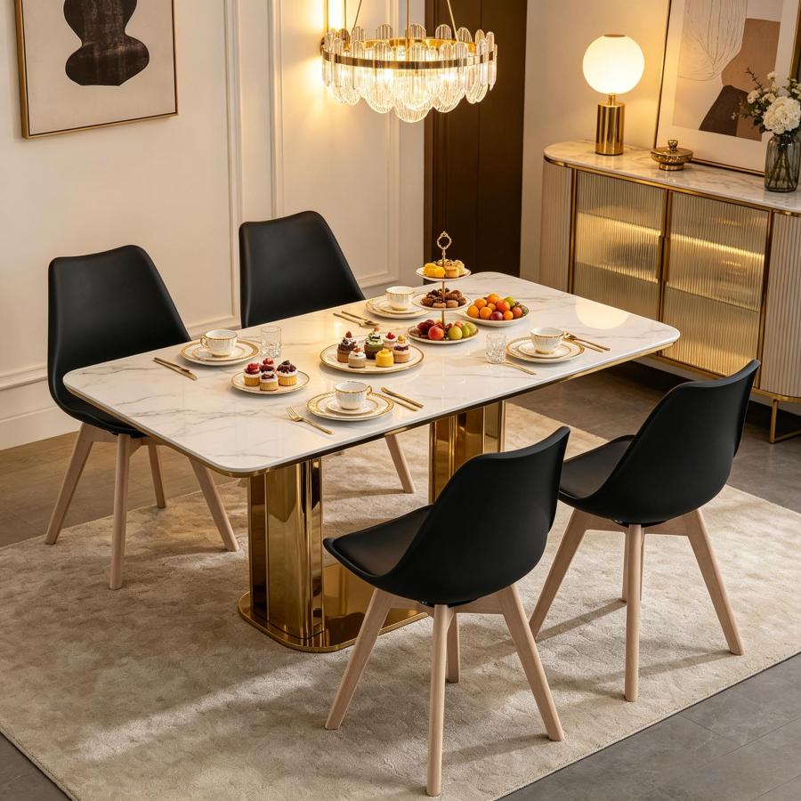 4 sillas de comedor giratorias negro en piel sintética y madera