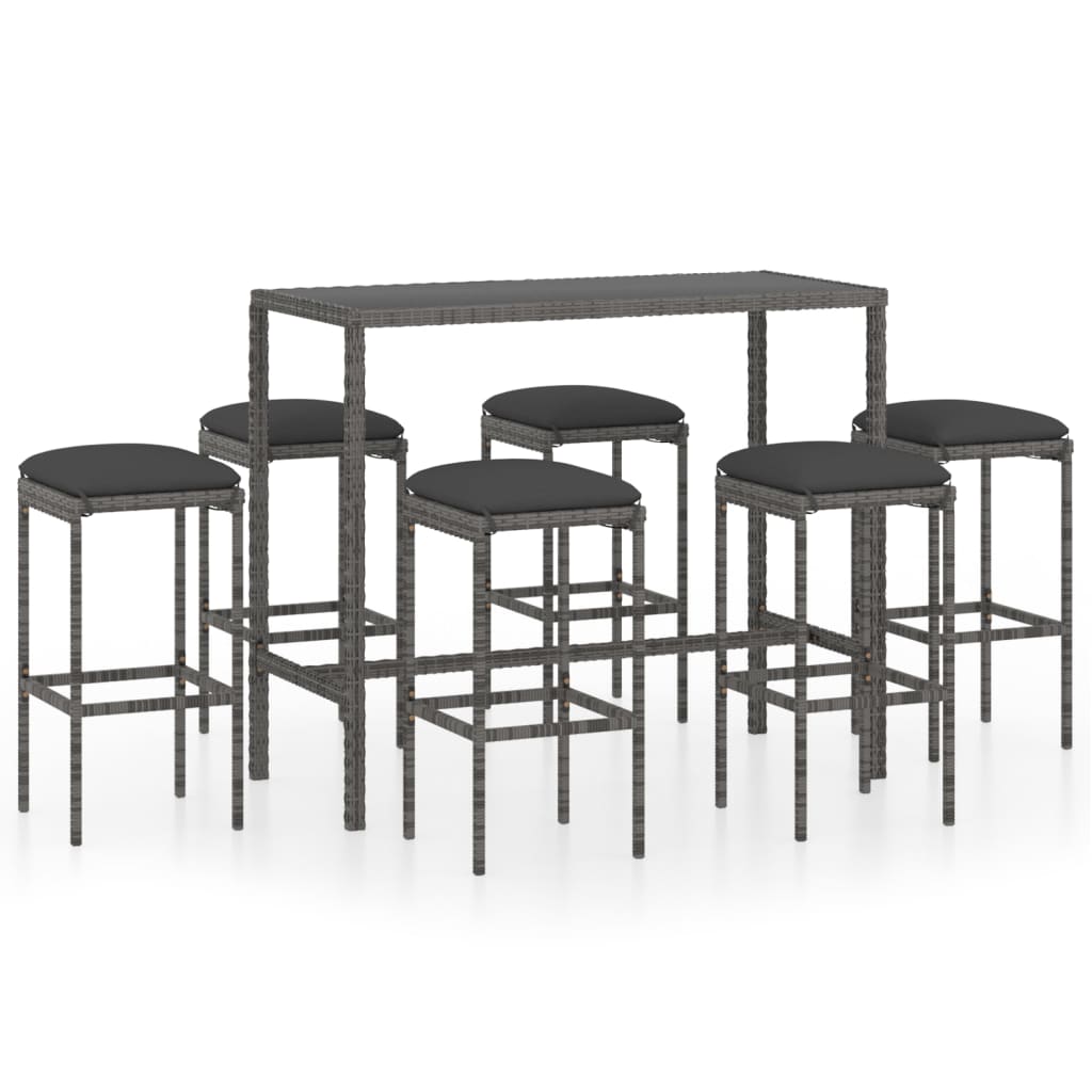 vidaXL set muebles bar jardín 7 piezas y cojines ratán sintético gris
