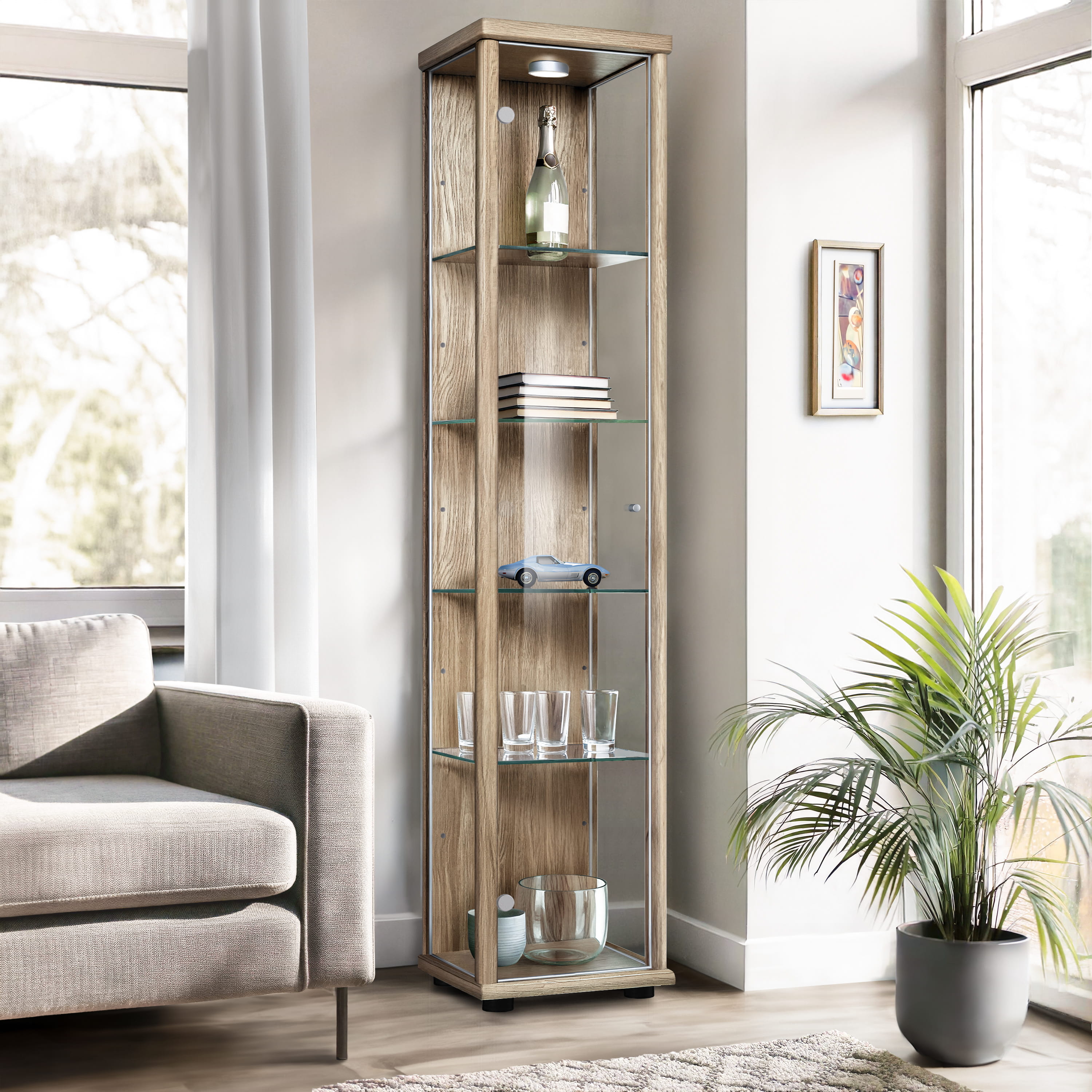 K-möbel vitrina cristal roble sonoma 176x37x33 cm 4 estantes regulables