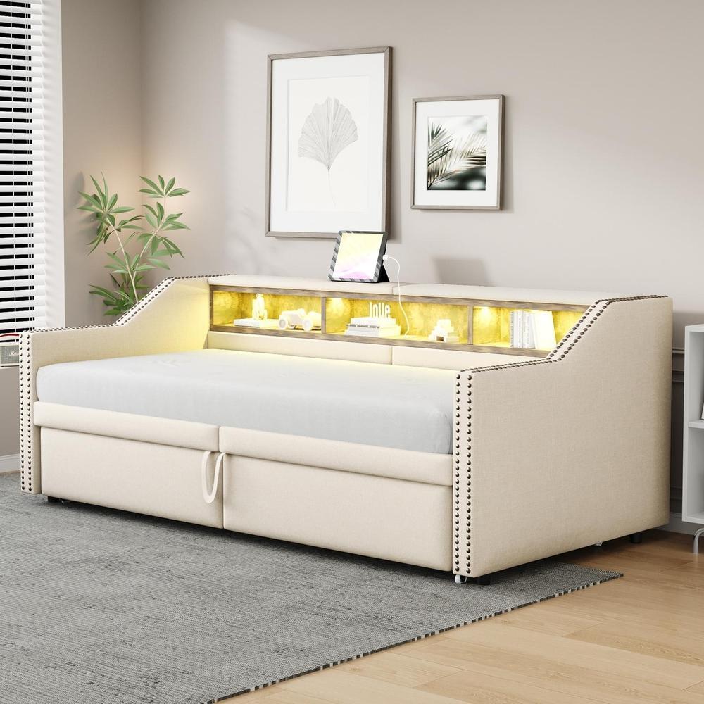 Sofá cama convertible 90/180x200 cm con LED, usb y almacenaje beige