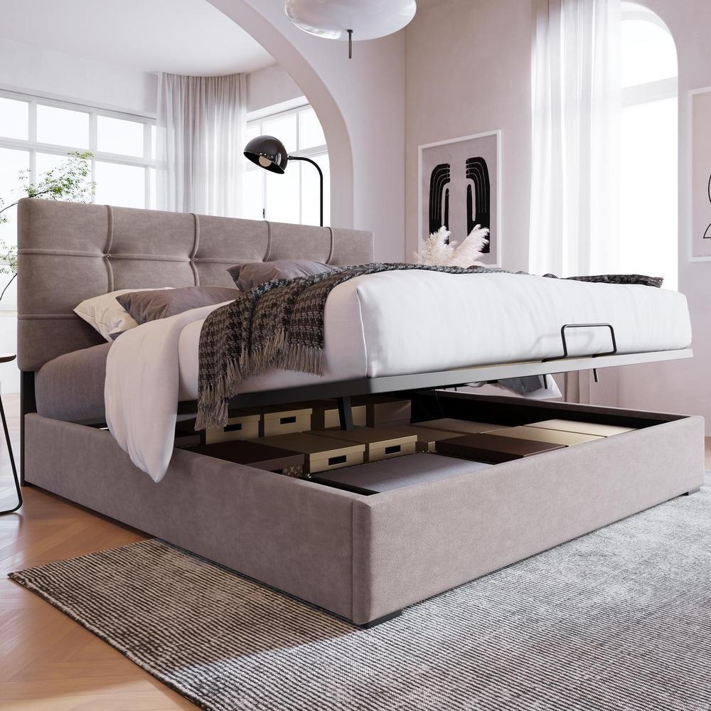 Cama terciopelo 140x200 cabecero ajustable,arcón hidráulico gris claro