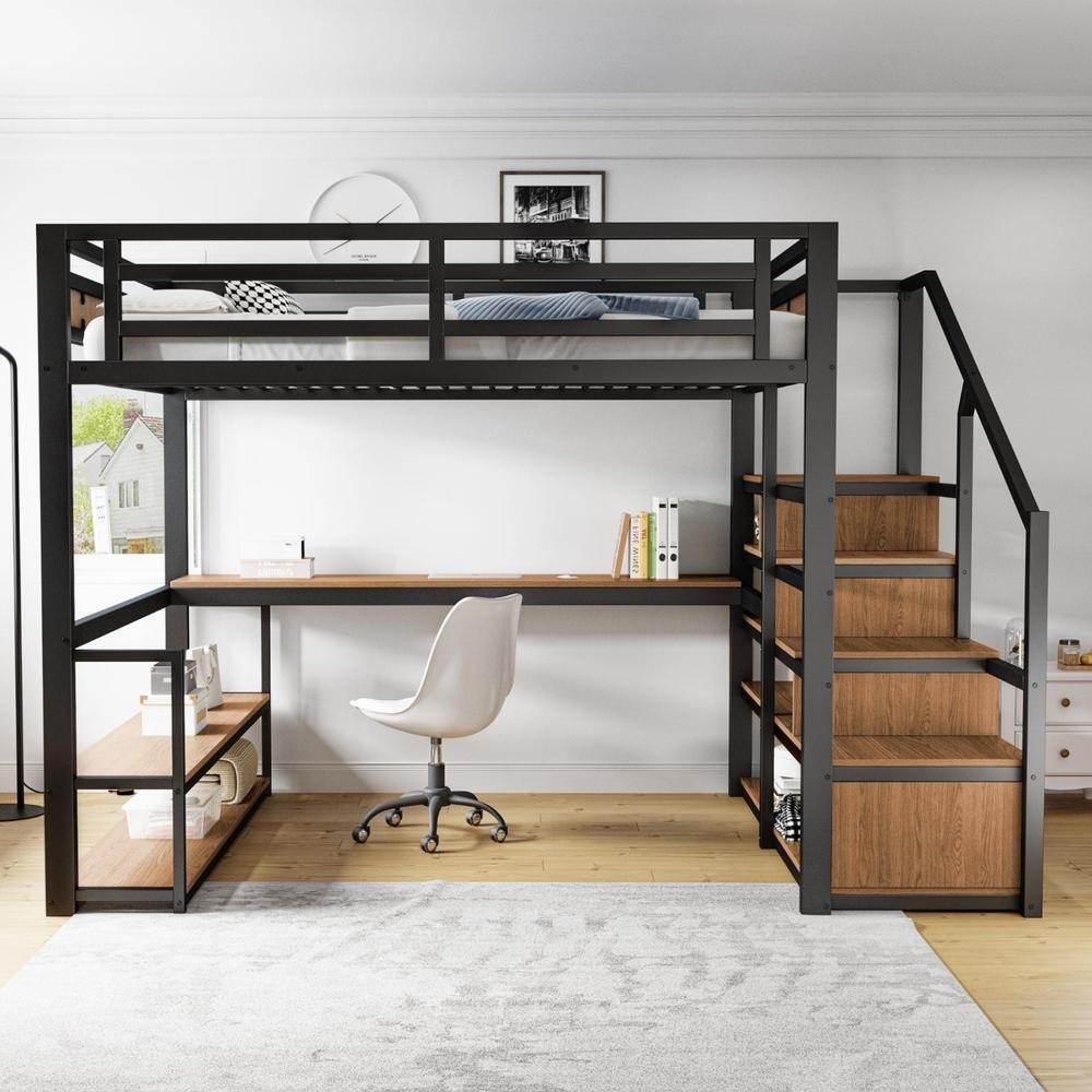 Cama alta 140x200cm con escalera de almacenaje, escritorio, negro
