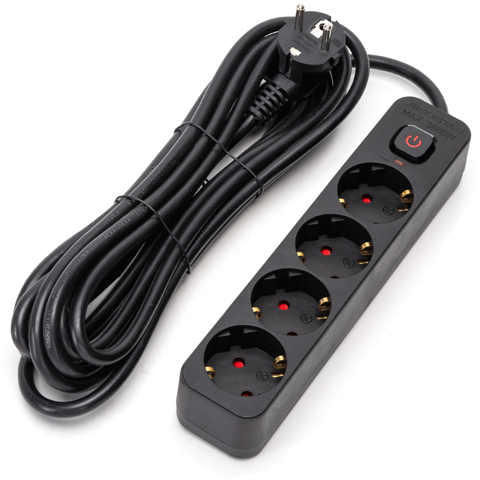 Aigostar regleta 4 enchufes, alargador 5m con interruptor, negro