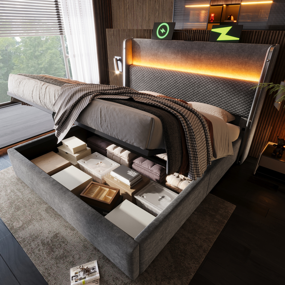 Cama tapizada 160x200cm canapé LED usb tipo c lino gris con colchón
