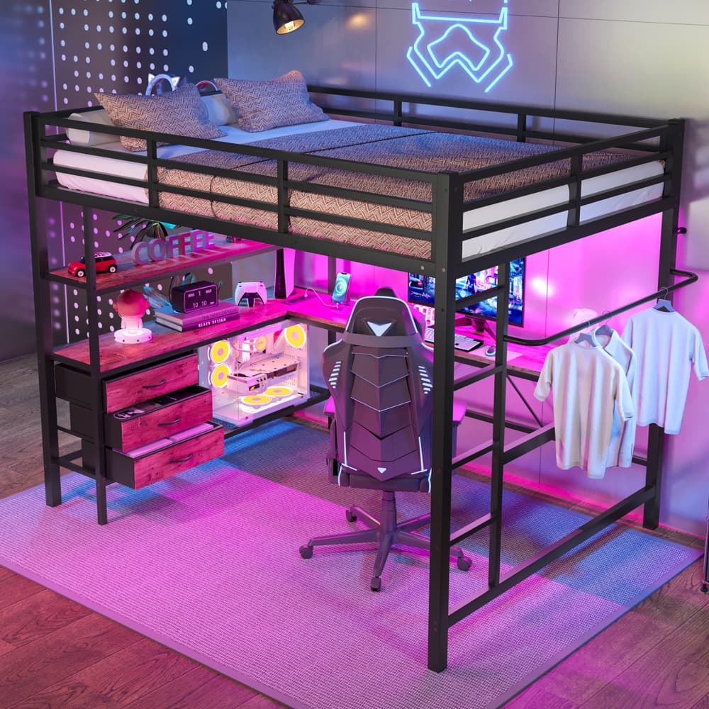 Cama alta 140x200cm con LED, escritorio, usb, barra y cajones metal negro
