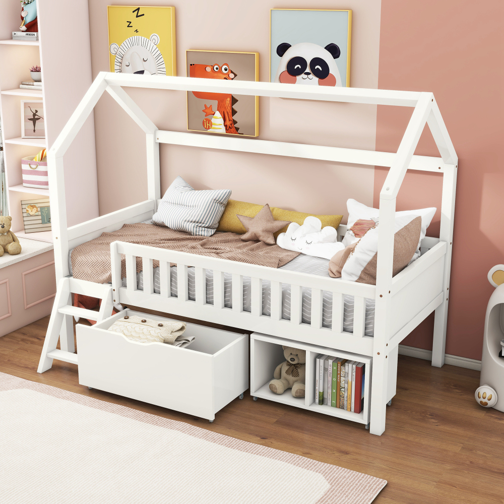 Cama infantil casita 90x200cm con cajones y compartimentos madera blanco