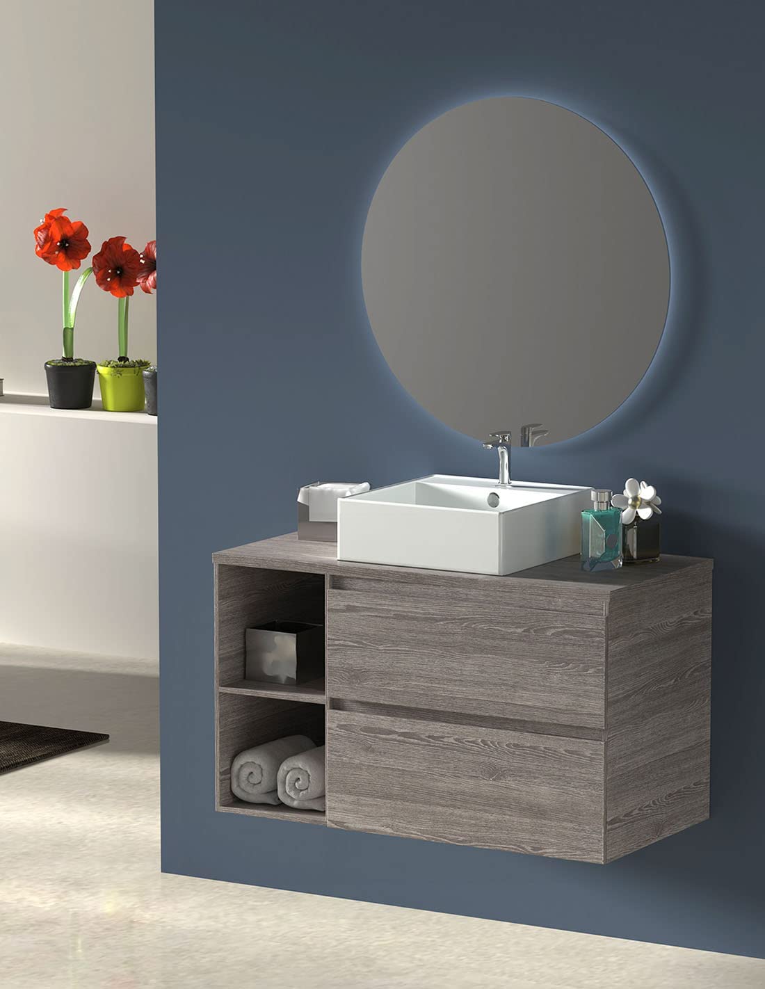 Mueble zeus con lavabo y espejo redondo LED roble smoky 80 cm derecha