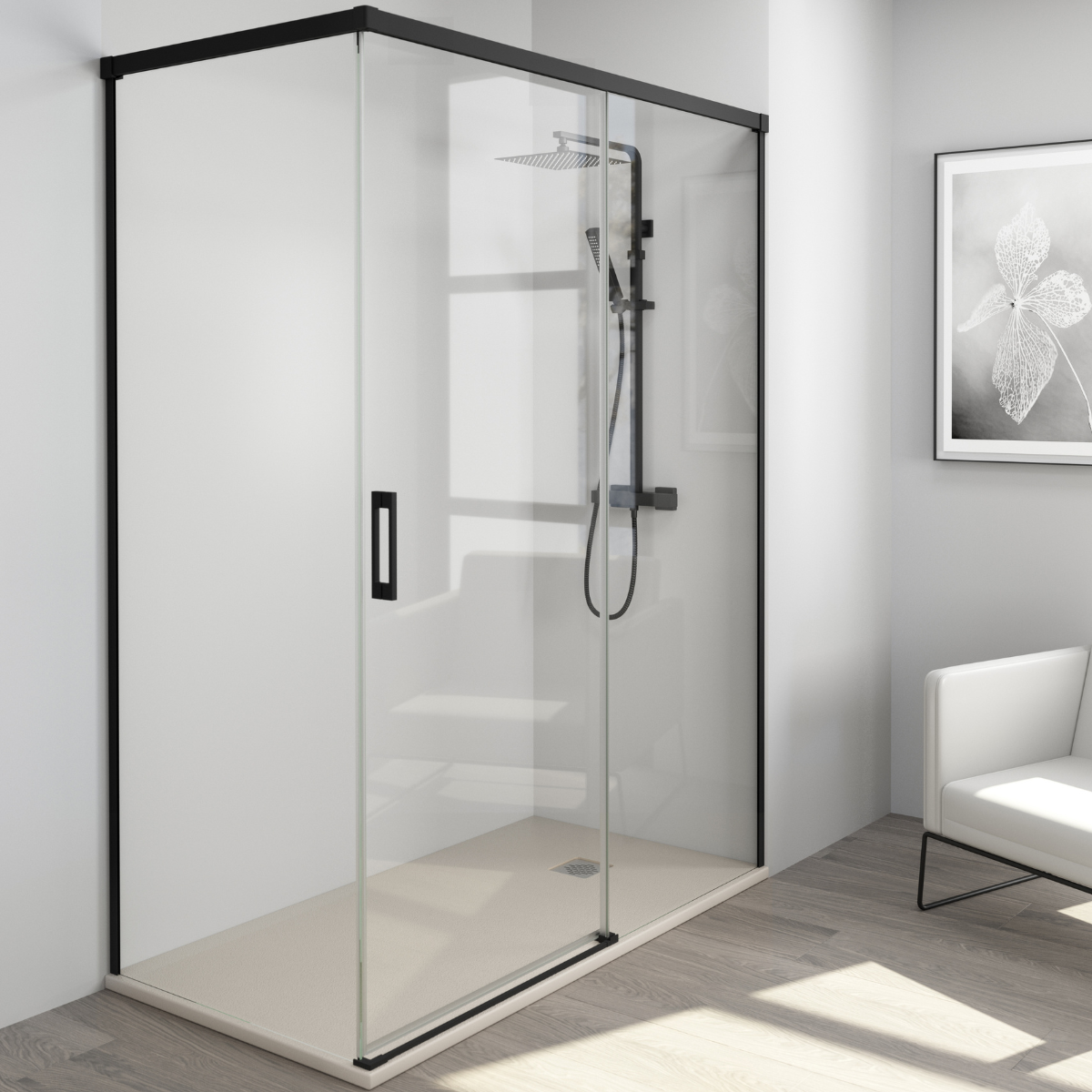 Mampara ducha rectangular frente 150 - lateral 90 cm | transparente negro