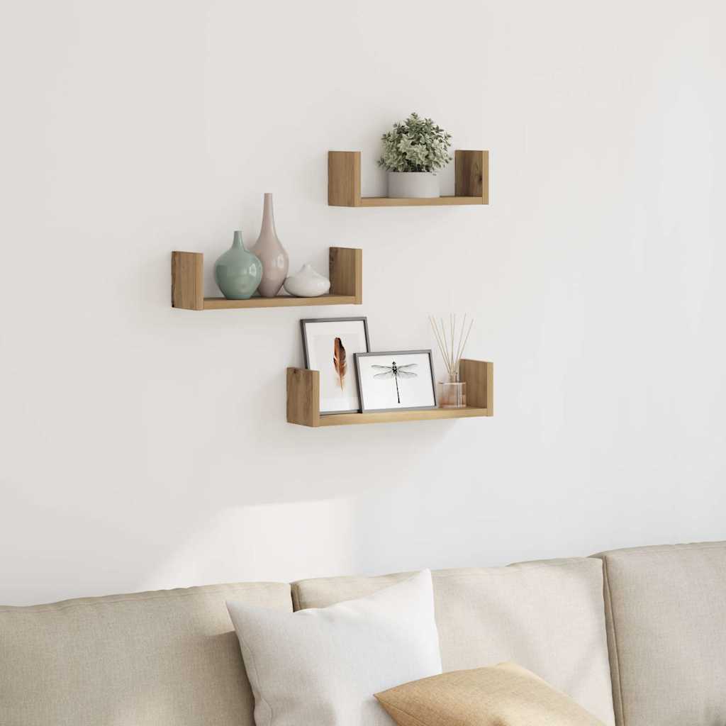 Estante de pared 3 uds madera de ingeniería roble artesanal