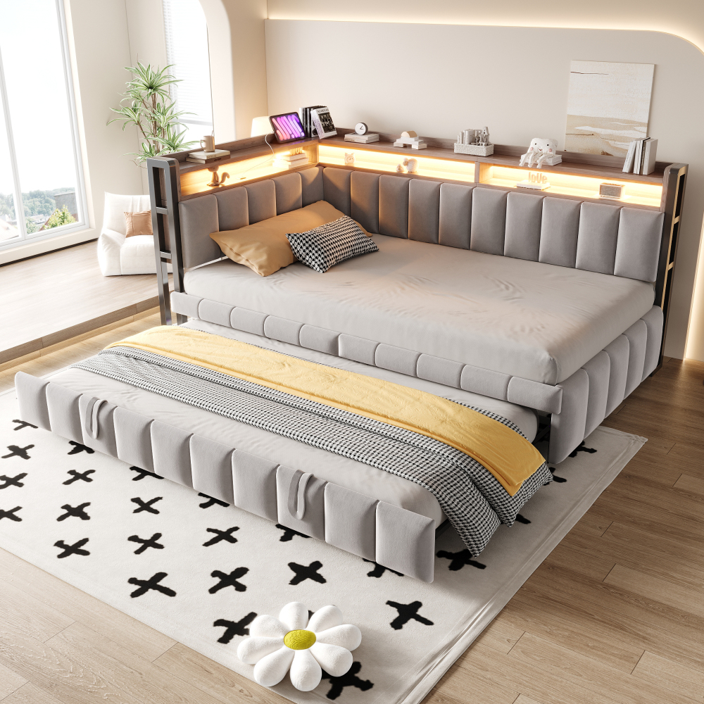 Cama nido 90x200cm con LED y usb, compartimentos terciopelo gris claro