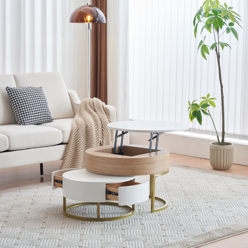 Mesa centro elevable set 2 anidable blanco madera