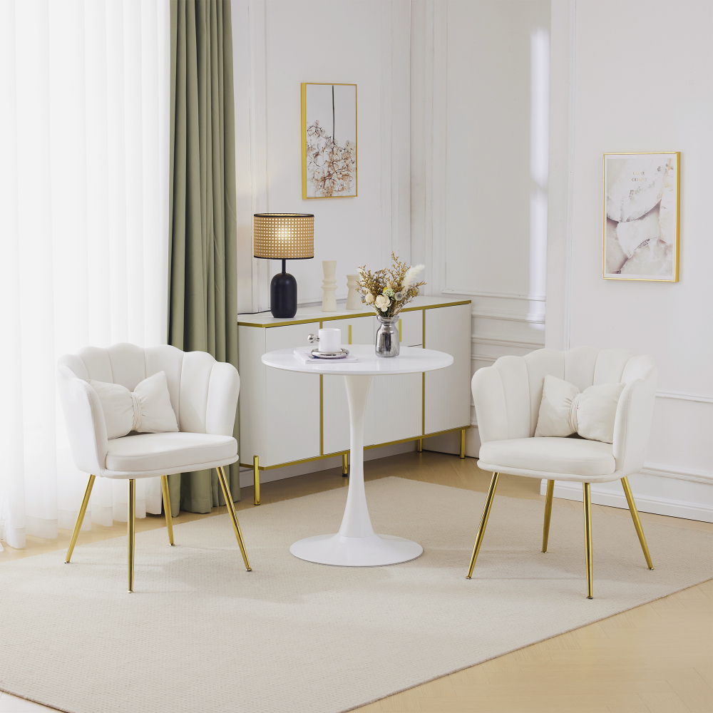 Silla de comedor terciopelo beige set de 2 con respaldo de pétalos y cojín
