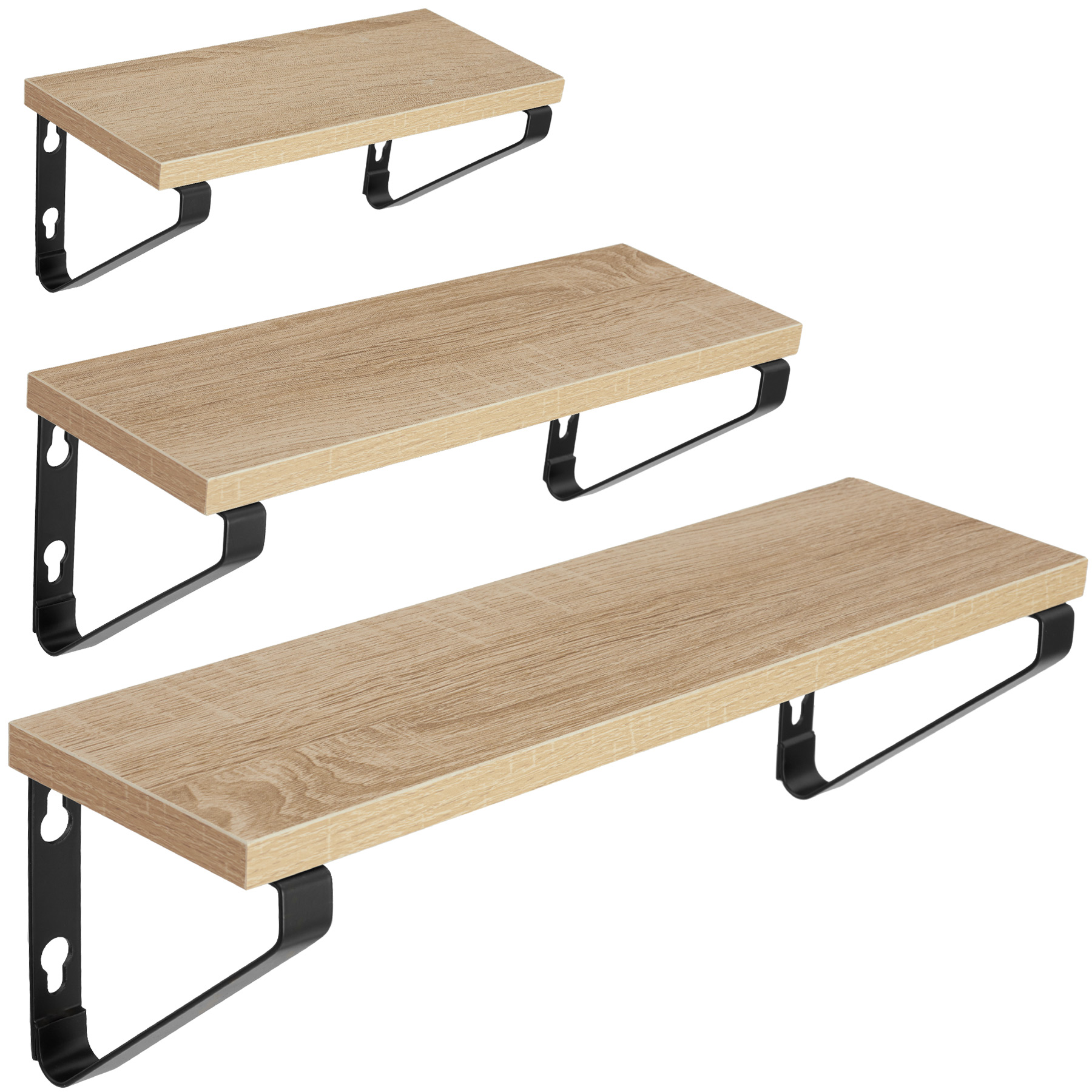 3 estantes de pared, madera y acero, 15kg, altura 12 cm, madera clara