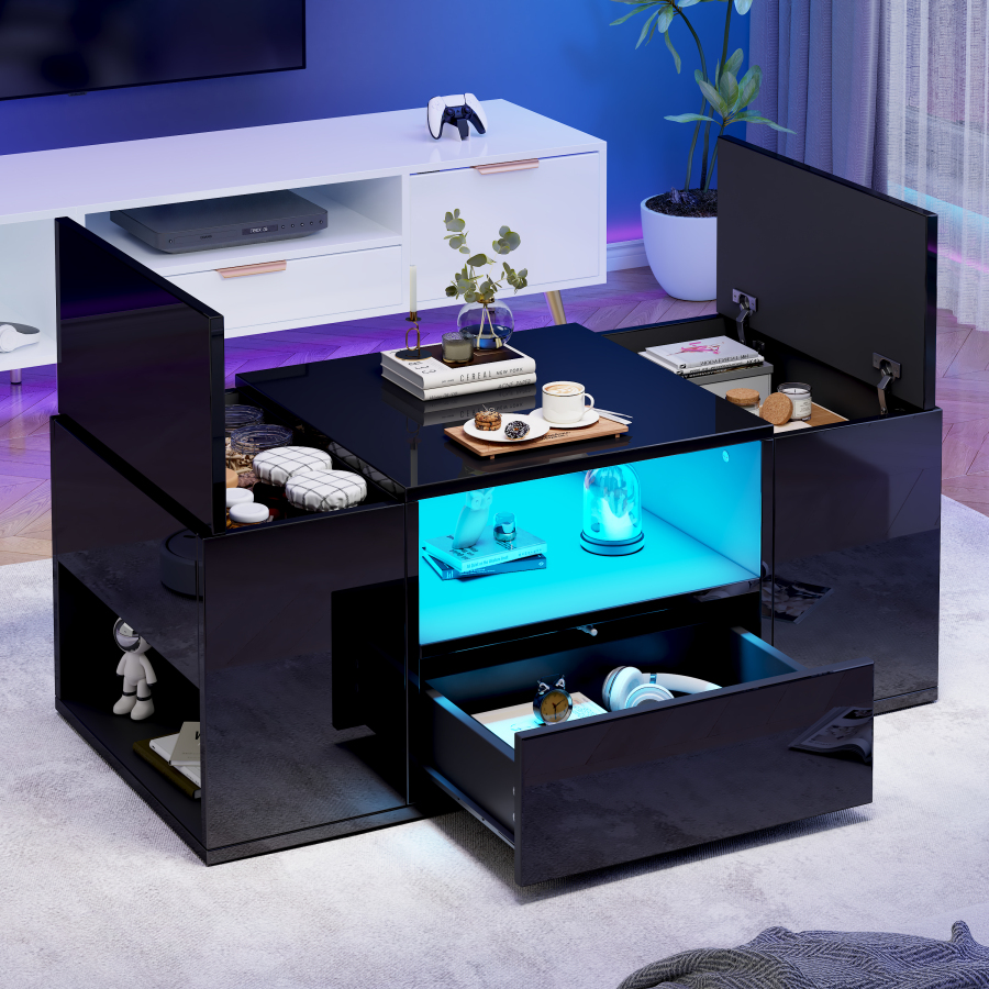 Mesa de centro con LED y 1 cajón 2 compartimentos negro 40x100x50cm