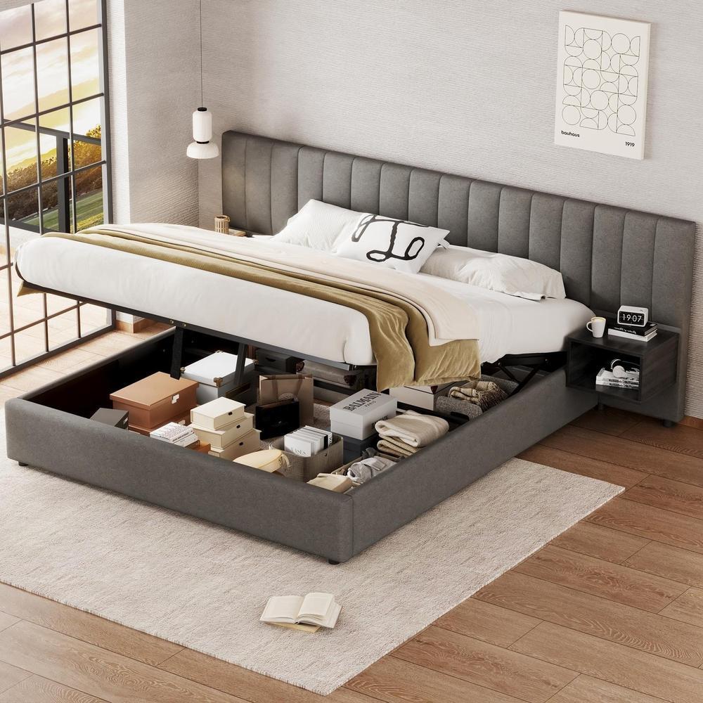Cama tapizada lin 180x200cm hidráulica con mesitas noche gris y negro