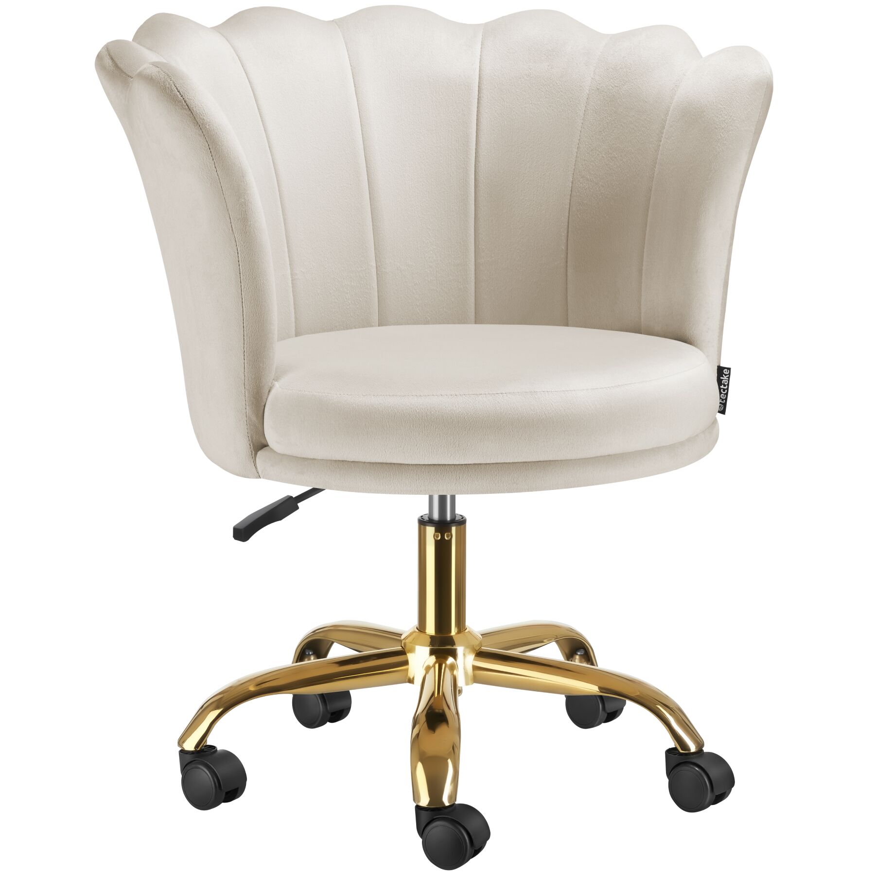 Silla giratoria 360º de terciopelo acolchada, ruedas dobles, crema/oro
