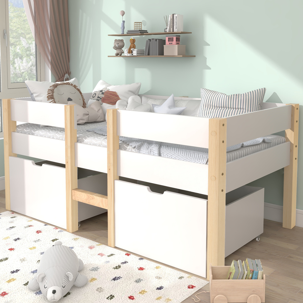 Cama semialta 90x190cm con cajones y barandilla pino macizo – blanco