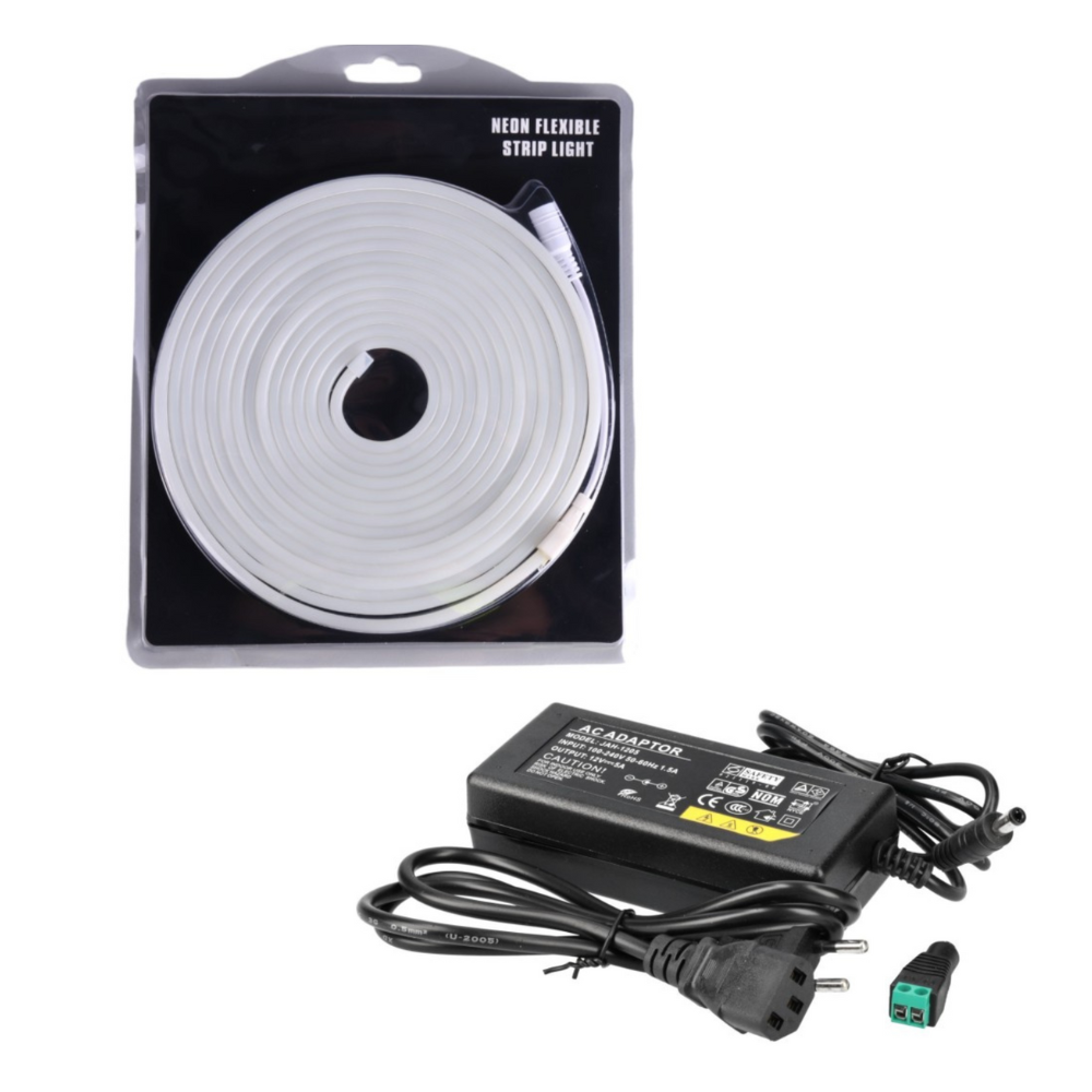 Kit neón LED 12v, 5m 6x12mm. Color neutro 4200k. + tranformador 12v 60w