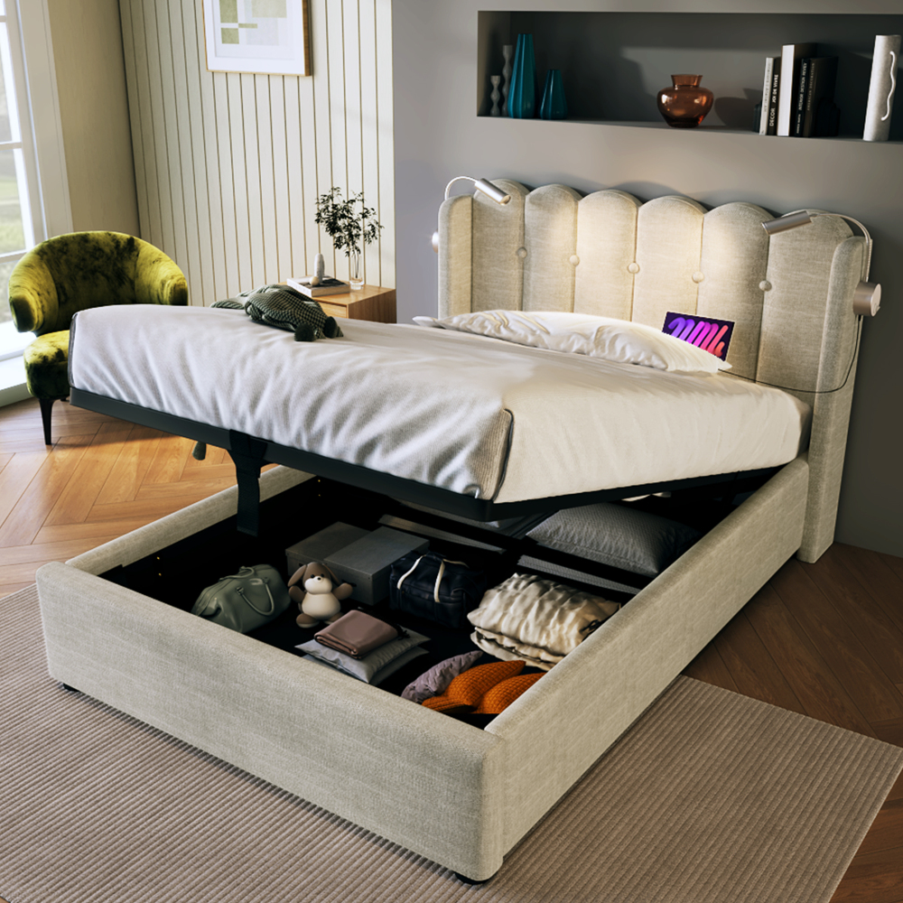 Cama tapizada 90x200cm con canapé, luz de lectura y usb lino natural