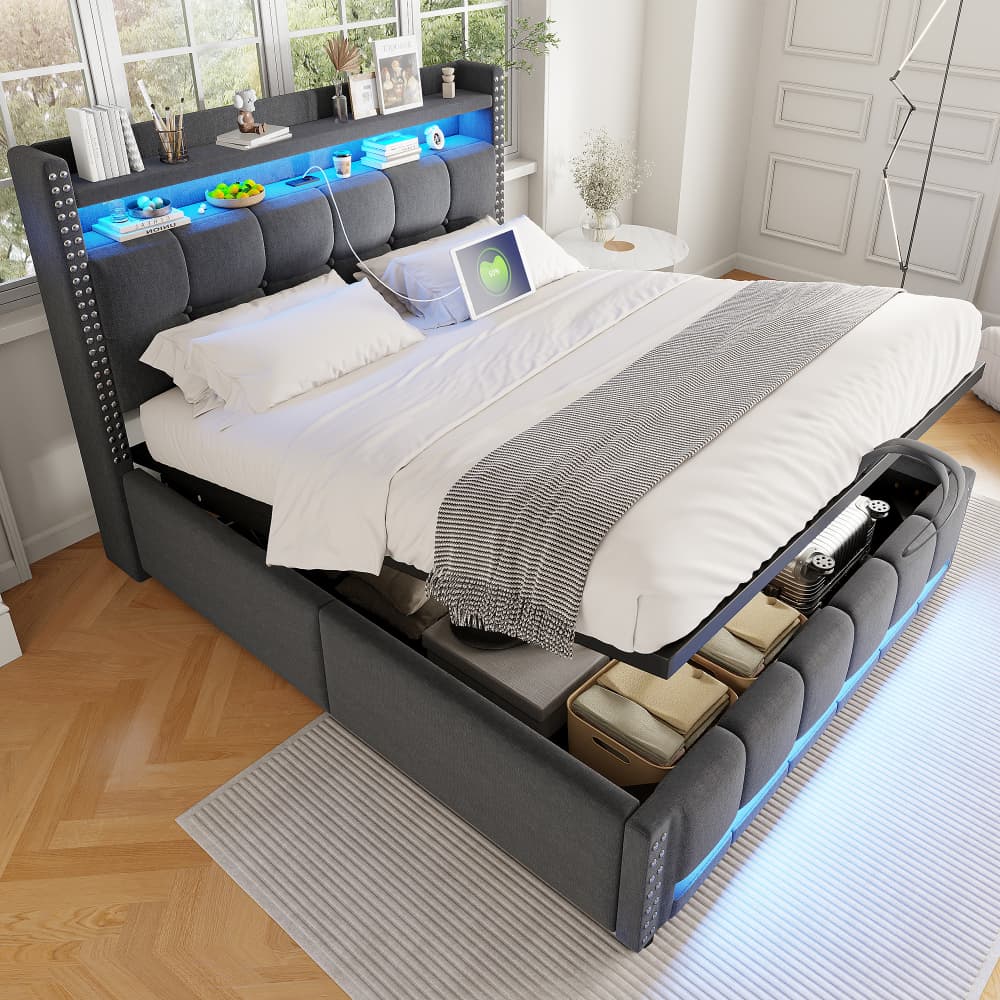 Cama tapizada 140x200cm con canapé hidráulico, LED y usb lino – gris claro