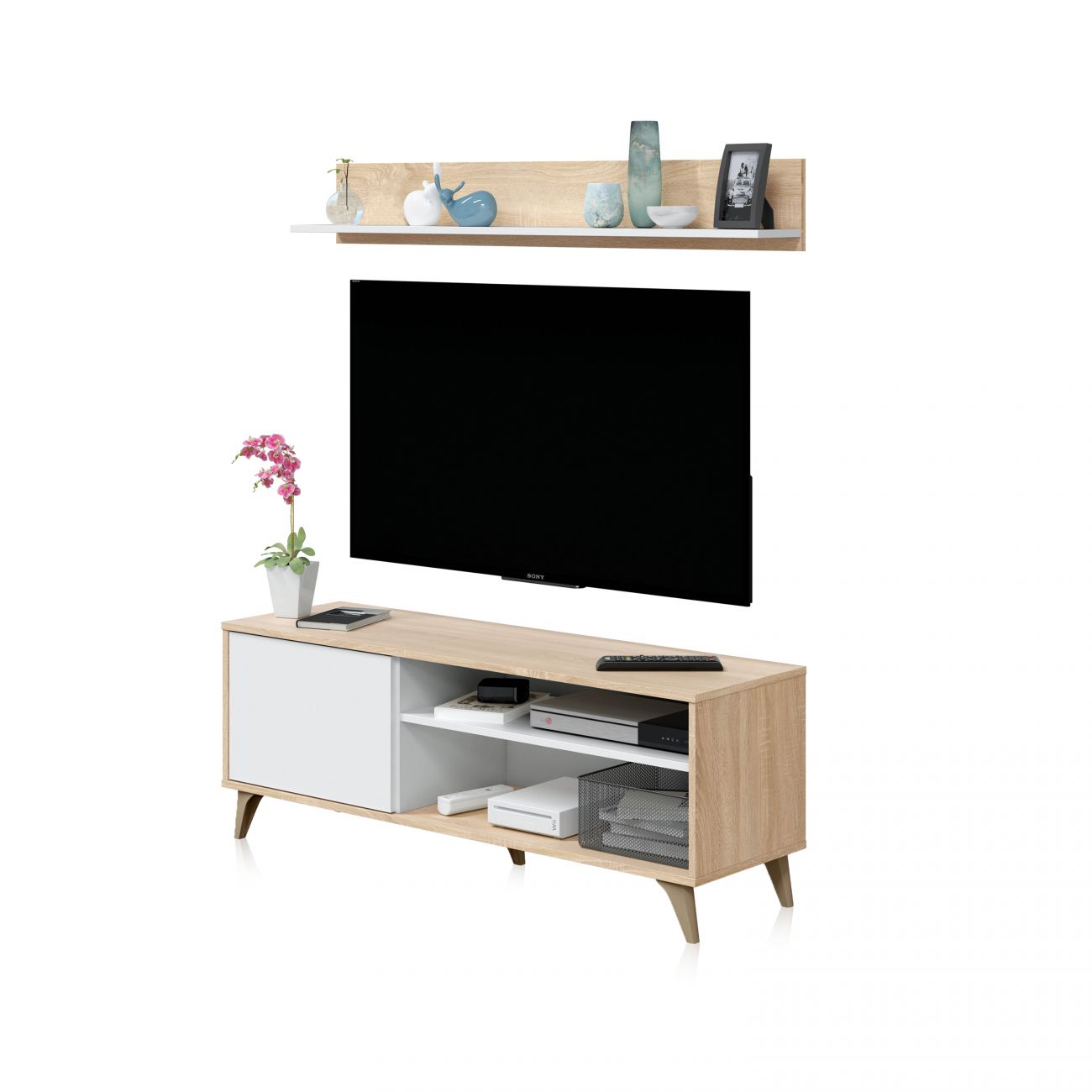 Mueble tv con estante 135 cm kikua plus blanco artik - roble canadian