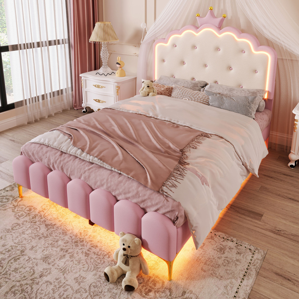 Cama tapizada 140x200 cm con LED ambiente y diseño corona pu – color rosa