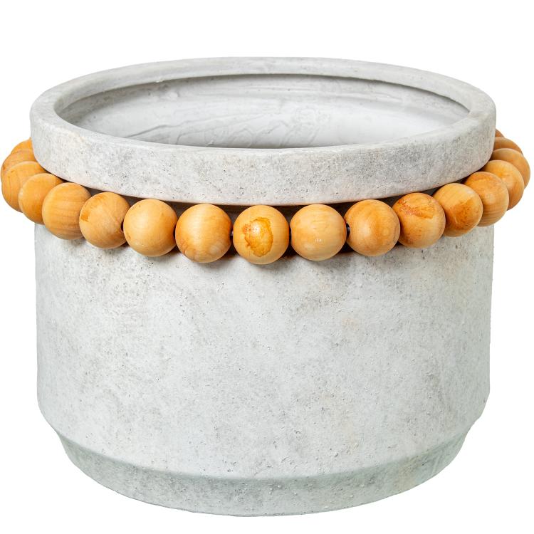 Macetero ceramica 30cm gris con bolitas madera