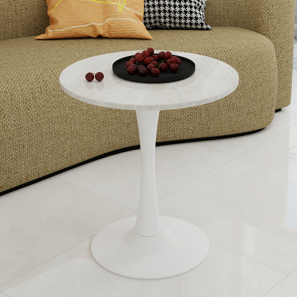 Mesa auxiliar redonda para salón mármol artificial blanco 70 cm