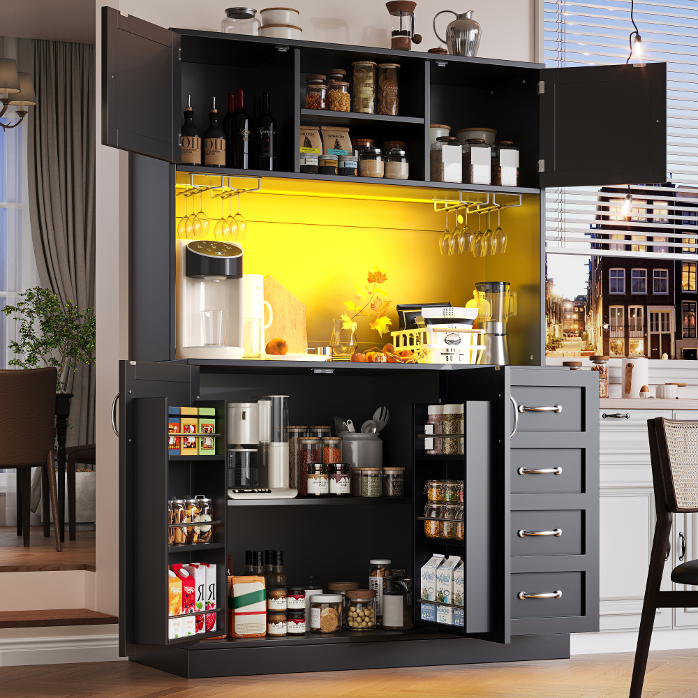 Aparador con LED 4 puertas 2 cajones negro 188x120x40cm