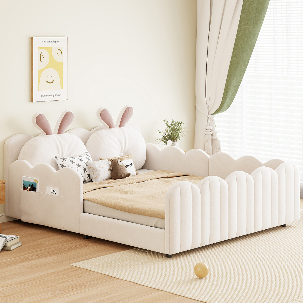 Cama doble tapizada 140x200cm con barandillas y cojines