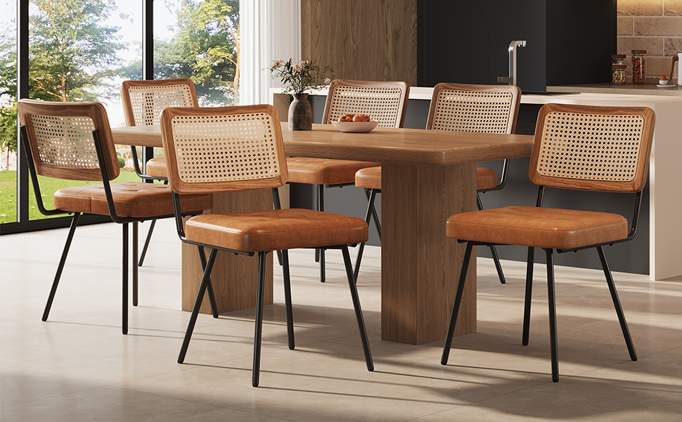 Set 6 sillas comedor pu marrón ratán pe patas metálicas