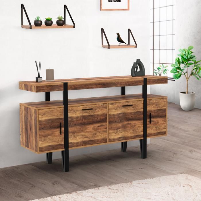 Aparador industrial de madera oscura 4 puertas 140 cm