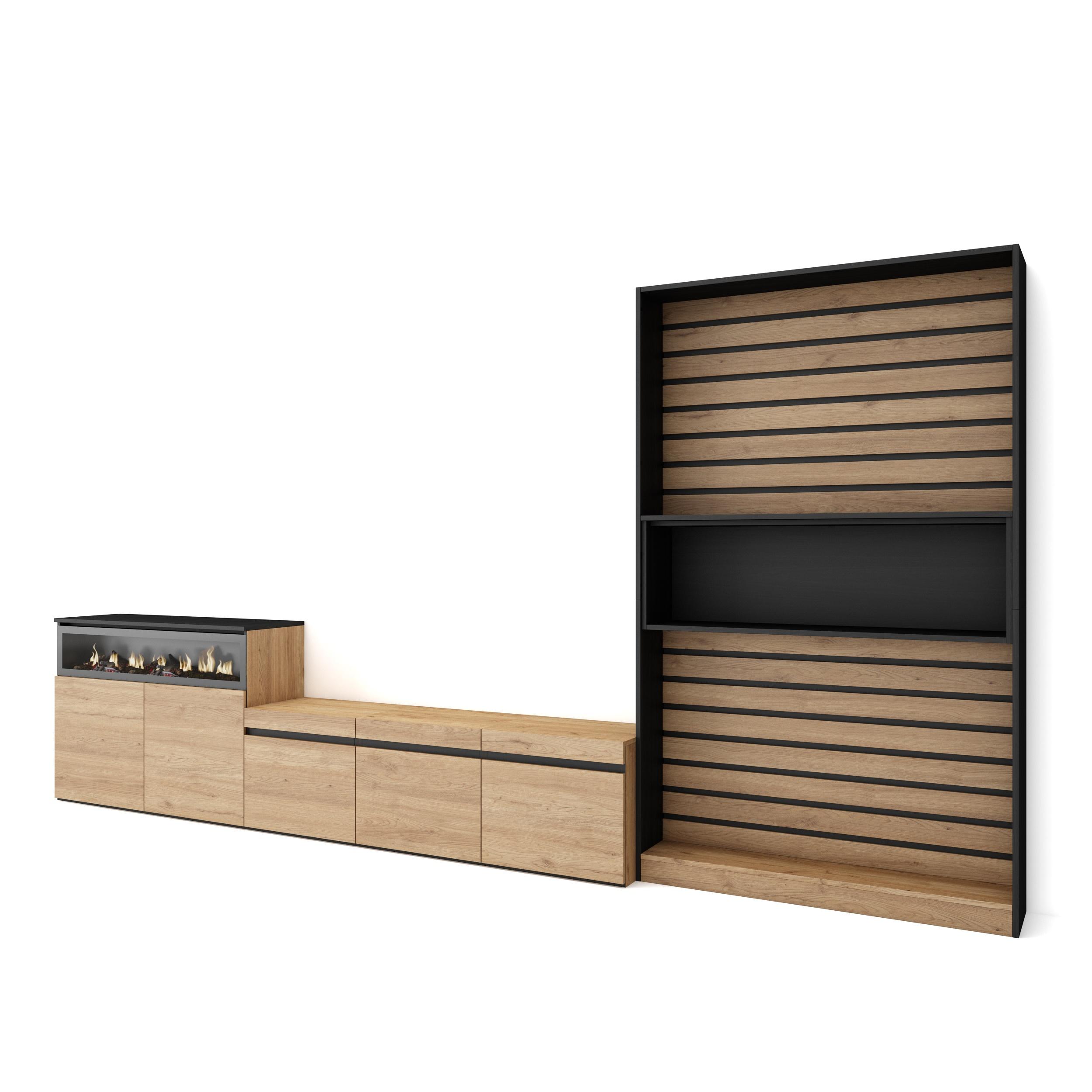 Muebles salón, 360x35x186cm, roble y negro, chimenea eléctrica rf3164