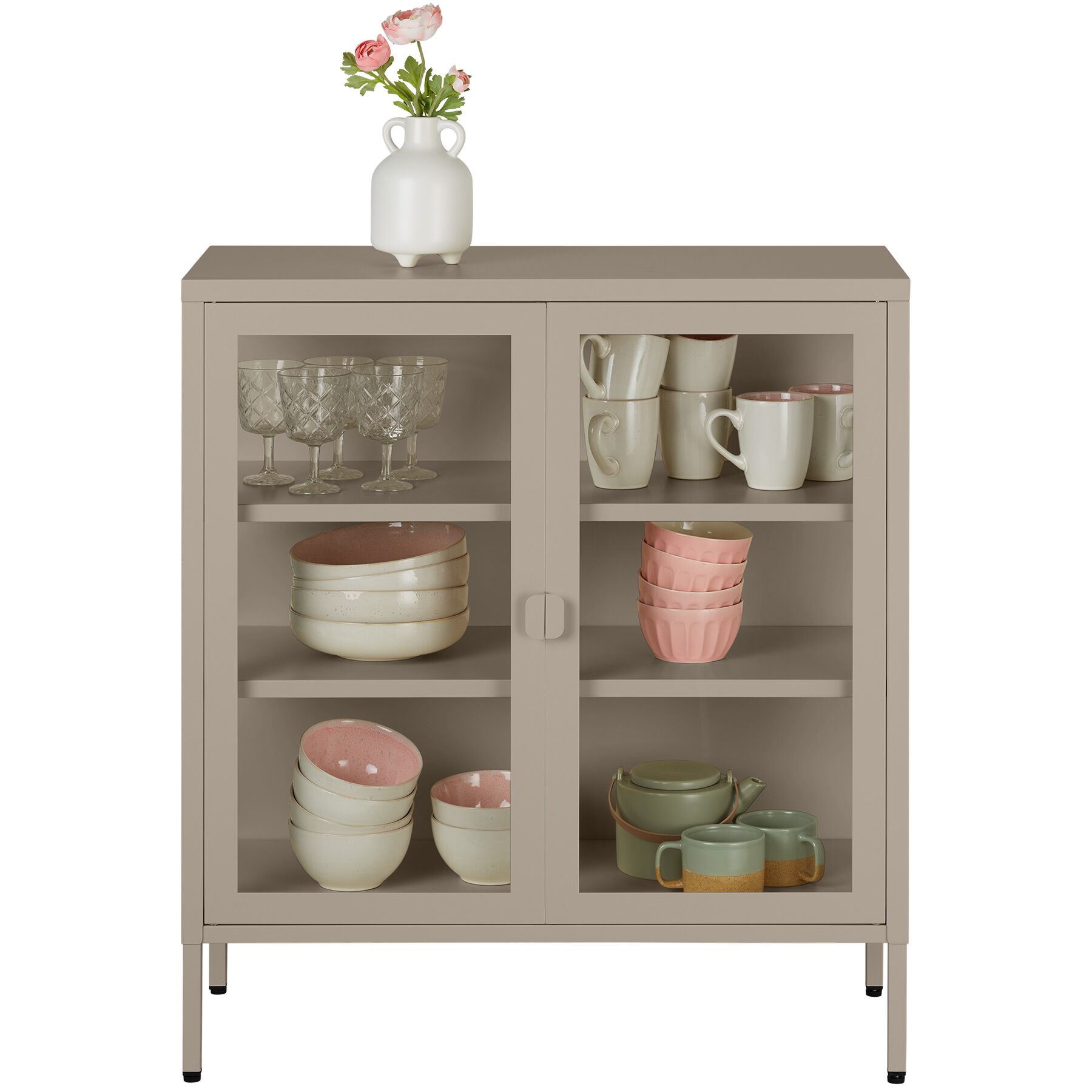 Tectake vitrina metálica con puerta de cristal, 80x37x90,5 cm, gris topo
